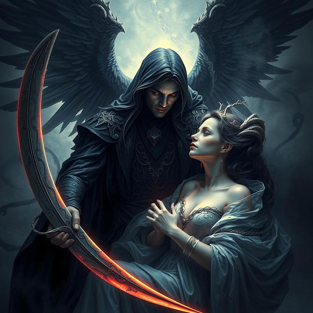 A mesmerizing portrayal of Azrael, the angel of death, in the act of taking the soul of a woman