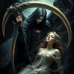 A mesmerizing portrayal of Azrael, the angel of death, in the act of taking the soul of a woman