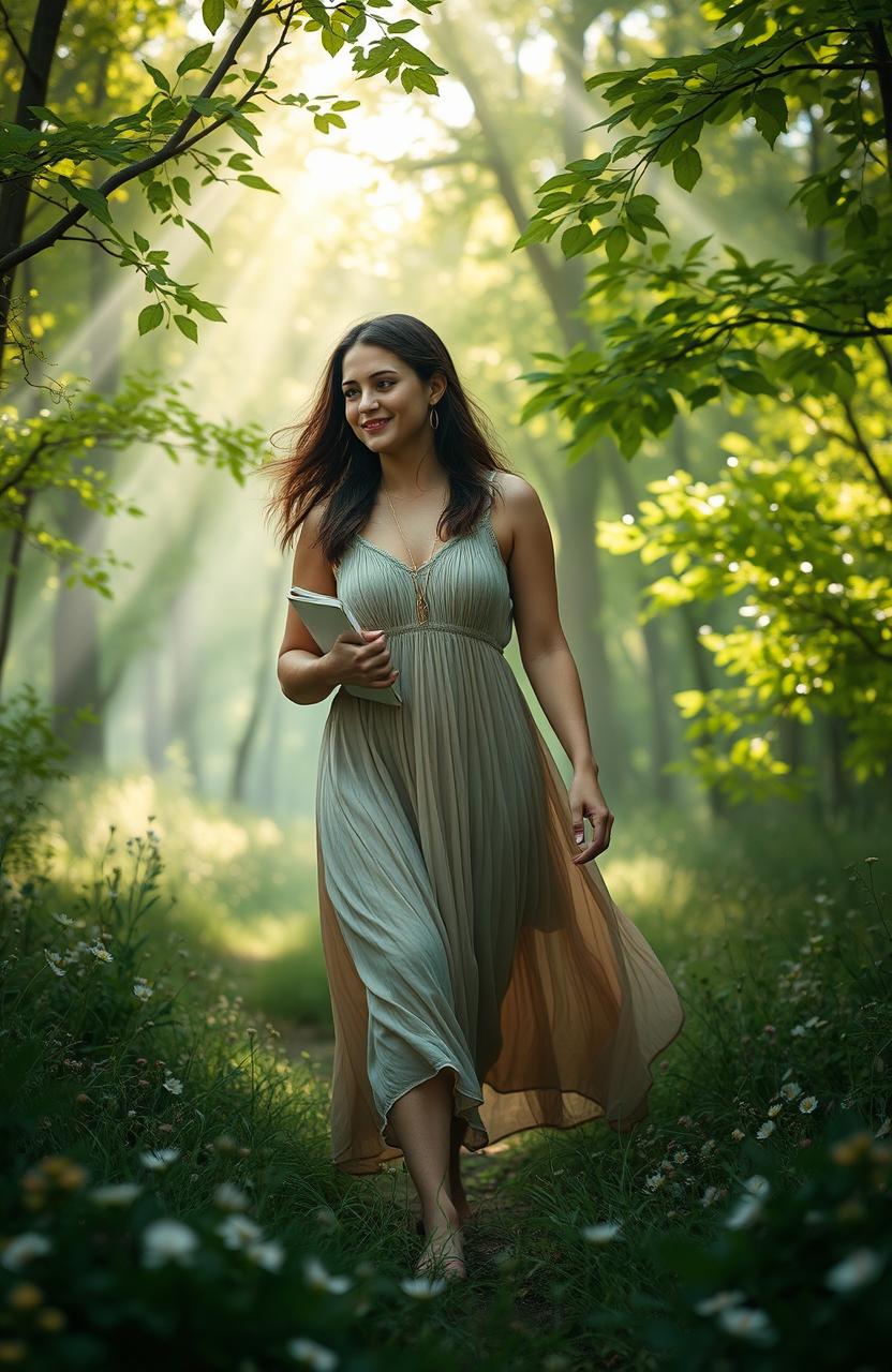 A serene and introspective depiction of an introverted woman on a journey of self-discovery