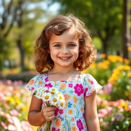 A portrait of a joyful young girl, around 7 years old, with curly brown hair and bright green eyes