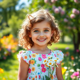 A portrait of a joyful young girl, around 7 years old, with curly brown hair and bright green eyes