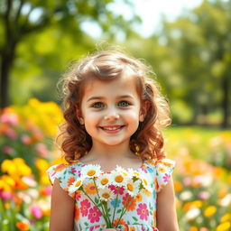 A portrait of a joyful young girl, around 7 years old, with curly brown hair and bright green eyes