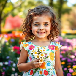 A portrait of a joyful young girl, around 7 years old, with curly brown hair and bright green eyes