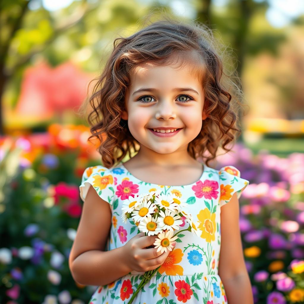 A portrait of a joyful young girl, around 7 years old, with curly brown hair and bright green eyes