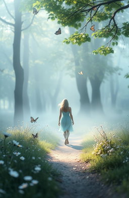 An ethereal scene depicting the journey of an introverted soul, captured in a misty forest with soft, dappled sunlight filtering through the leaves