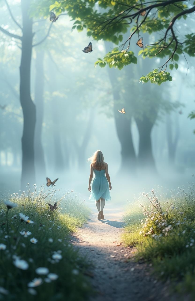 An ethereal scene depicting the journey of an introverted soul, captured in a misty forest with soft, dappled sunlight filtering through the leaves
