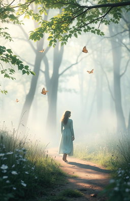 An ethereal scene depicting the journey of an introverted soul, captured in a misty forest with soft, dappled sunlight filtering through the leaves