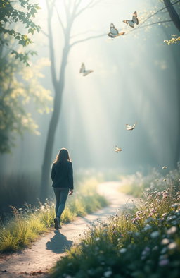 An ethereal scene depicting the journey of an introverted soul, captured in a misty forest with soft, dappled sunlight filtering through the leaves