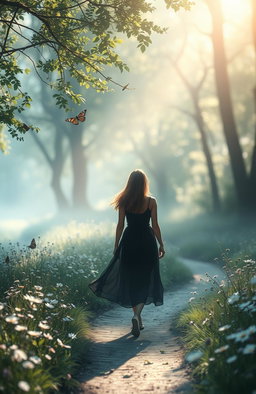 An ethereal scene depicting the journey of an introverted soul, captured in a misty forest with soft, dappled sunlight filtering through the leaves