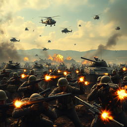 A powerful and dramatic scene of a battlefield in the midst of a fierce war