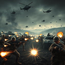A powerful and dramatic scene of a battlefield in the midst of a fierce war
