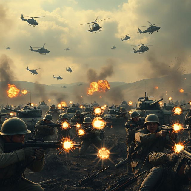 A powerful and dramatic scene of a battlefield in the midst of a fierce war