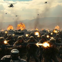 A powerful and dramatic scene of a battlefield in the midst of a fierce war