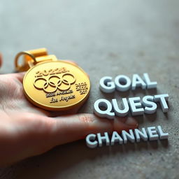 A stunning image of an Olympic gold medal lying on a surface, the size of a human hand