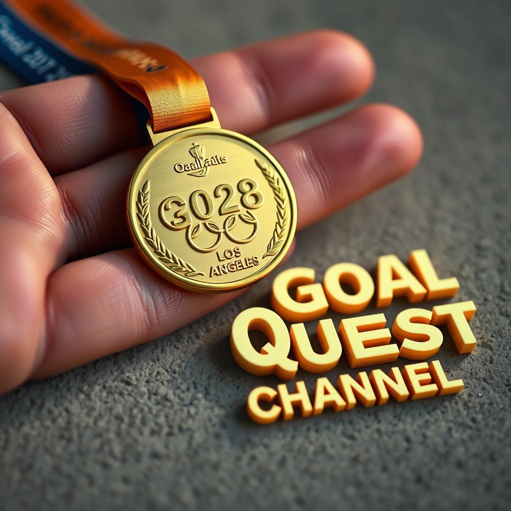A stunning image of an Olympic gold medal lying on a surface, the size of a human hand