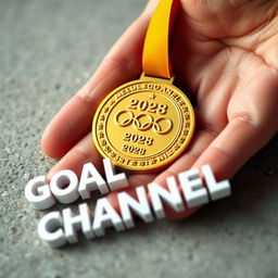 A stunning image of an Olympic gold medal lying on a surface, the size of a human hand