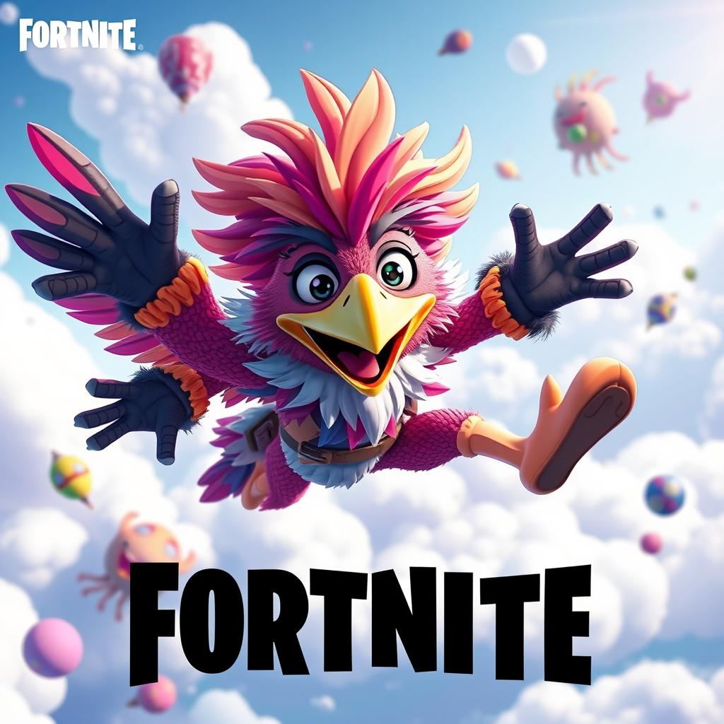 A stylized representation of Paulie Featherface, a fictional character inspired by a blend of dark humor and cartoonish charm, soaring through a vibrant Fortnite sky