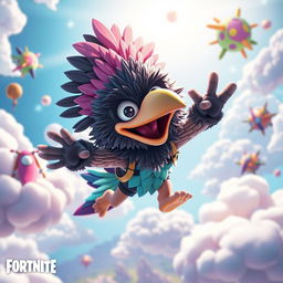 A stylized representation of Paulie Featherface, a fictional character inspired by a blend of dark humor and cartoonish charm, soaring through a vibrant Fortnite sky