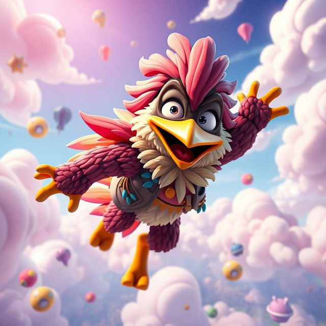 A stylized representation of Paulie Featherface, a fictional character inspired by a blend of dark humor and cartoonish charm, soaring through a vibrant Fortnite sky