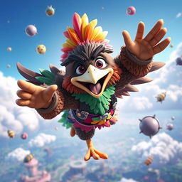 A stylized representation of Paulie Featherface, a fictional character inspired by a blend of dark humor and cartoonish charm, soaring through a vibrant Fortnite sky