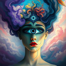 A surreal and artistic portrait of a figure with a single eye in the center of their forehead, surrounded by a mystical and colorful backdrop