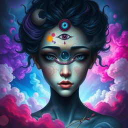 A surreal and artistic portrait of a figure with a single eye in the center of their forehead, surrounded by a mystical and colorful backdrop