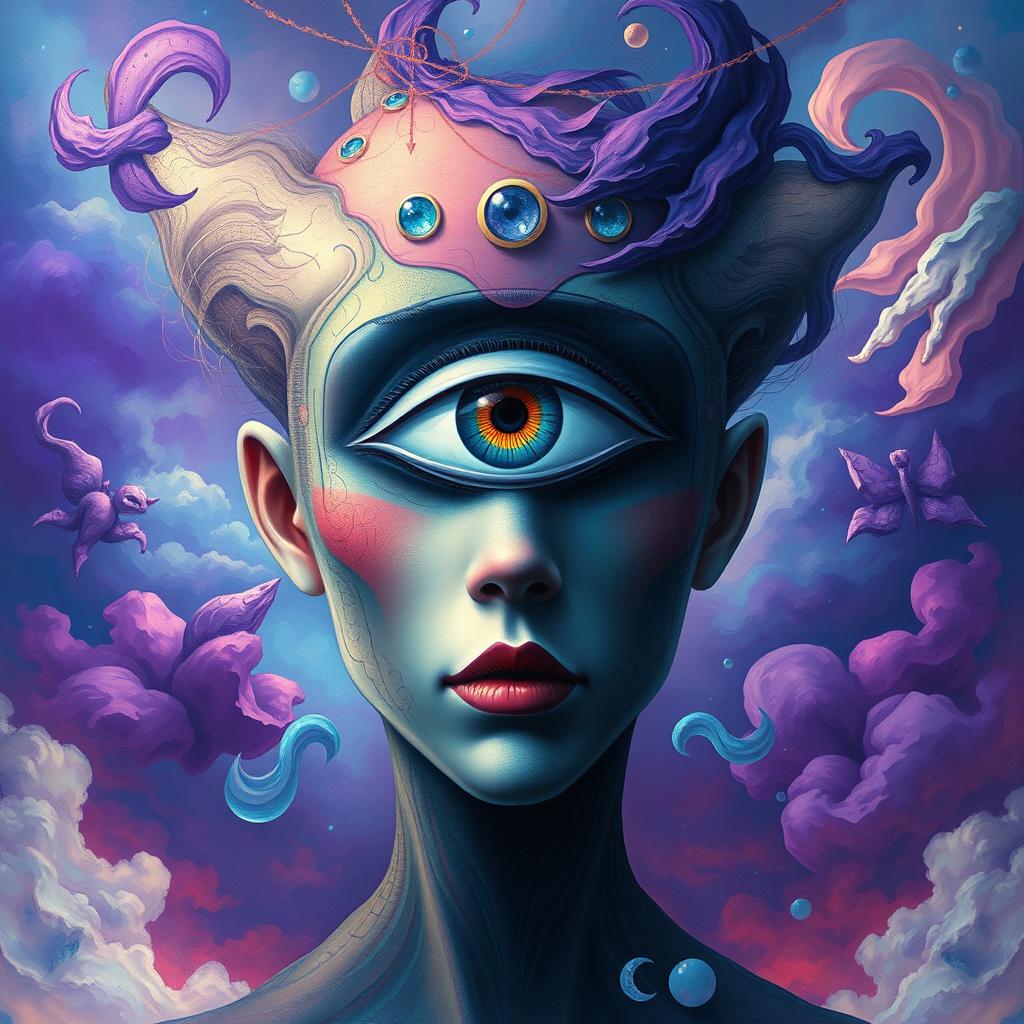 A surreal and artistic portrait of a figure with a single eye in the center of their forehead, surrounded by a mystical and colorful backdrop