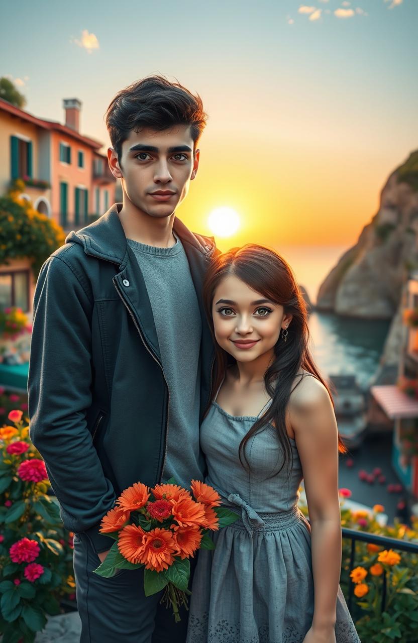 A romantic scene set in a charming small village reminiscent of the Cinque Terre in Italy