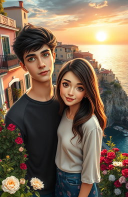 A romantic scene set in a charming small village reminiscent of the Cinque Terre in Italy