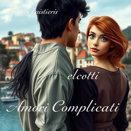 A captivating book cover for a novel titled 'Amori Complicati' in Italian, featuring two teenagers in a romantic setting