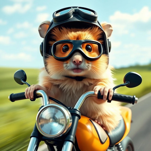A cute and adventurous hamster wearing a tiny helmet and goggles, confidently riding a miniature motorcycle