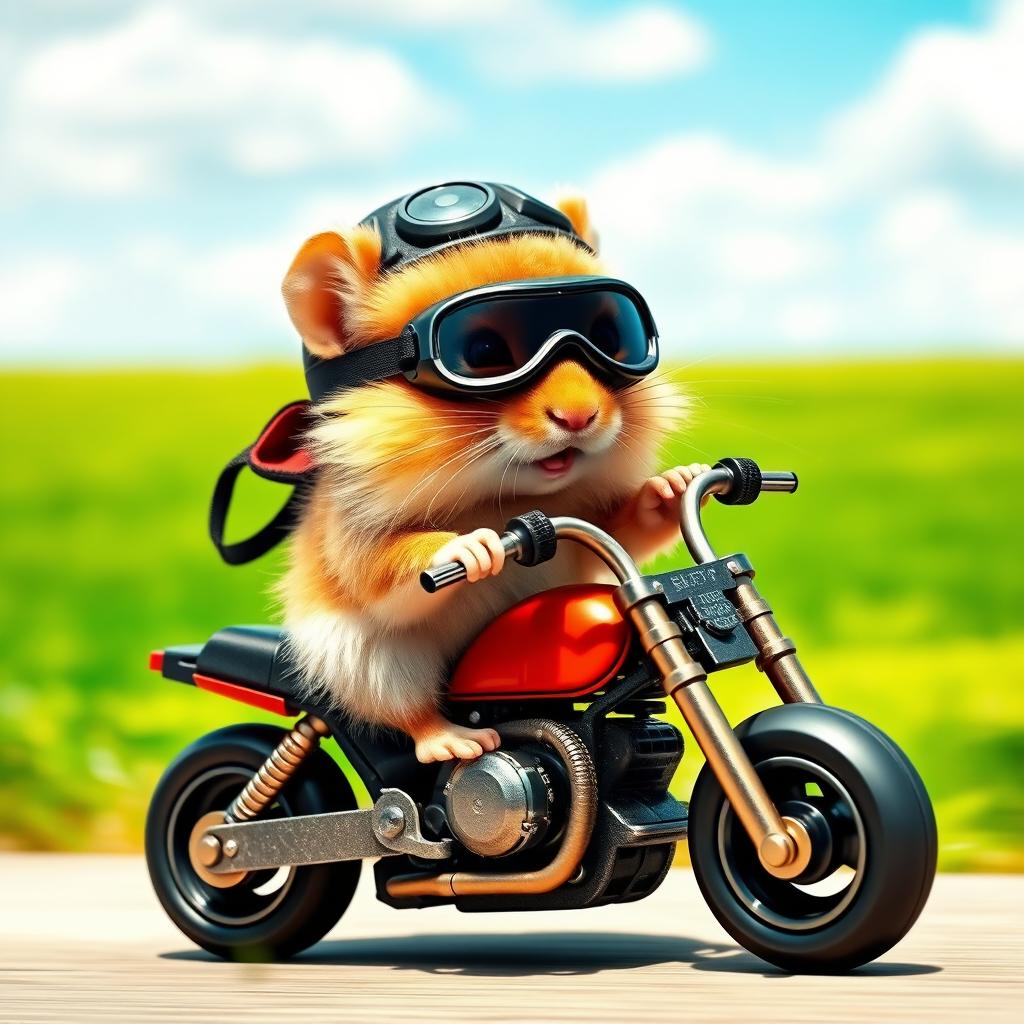 A cute and adventurous hamster wearing a tiny helmet and goggles, confidently riding a miniature motorcycle
