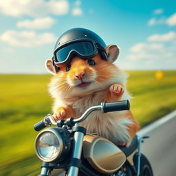 A cute and adventurous hamster wearing a tiny helmet and goggles, confidently riding a miniature motorcycle