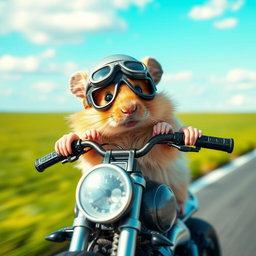 A cute and adventurous hamster wearing a tiny helmet and goggles, confidently riding a miniature motorcycle