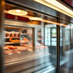 A close-up shot of an empty butcher display case, typically made of iron with glass panels