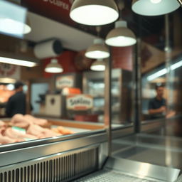 A close-up shot of an empty butcher display case, typically made of iron with glass panels