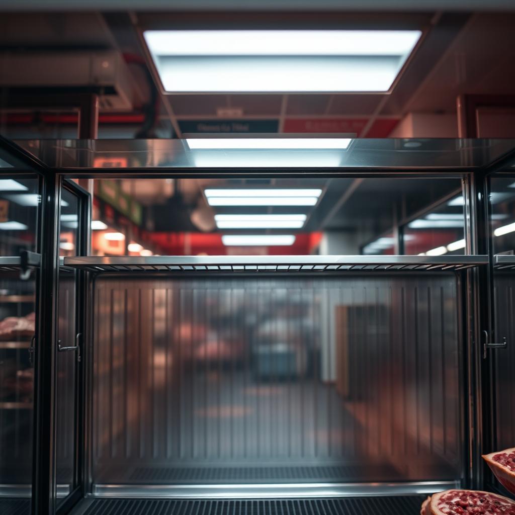 A close-up shot of an empty butcher display case, typically made of iron with glass panels