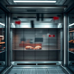 A close-up shot of an empty butcher display case, typically made of iron with glass panels