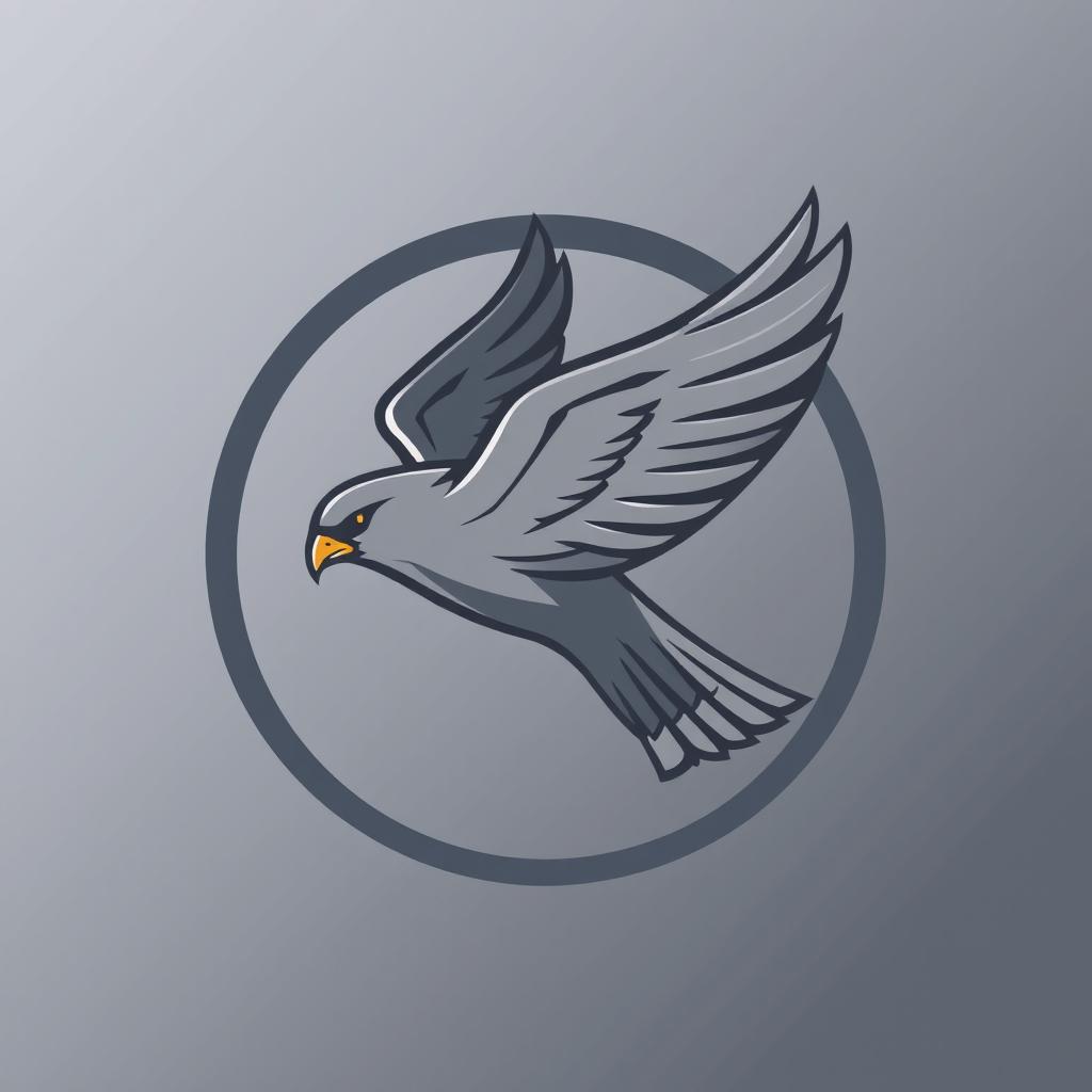 A sleek and modern logo design featuring a stylized gray falcon in flight