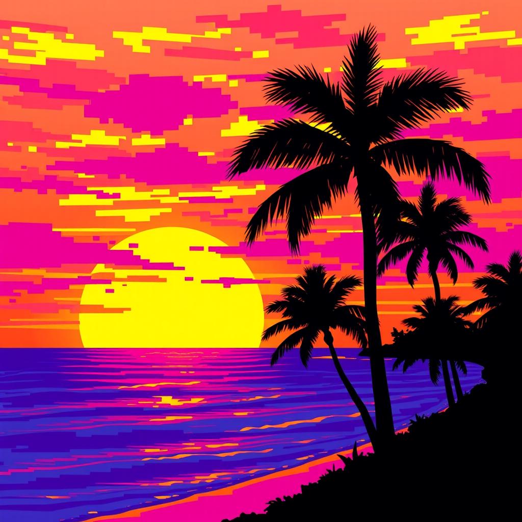 A vibrant and colorful scene featuring a stunning sunset over a beach, with silhouetted palm trees in the foreground