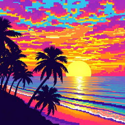 A vibrant and colorful scene featuring a stunning sunset over a beach, with silhouetted palm trees in the foreground