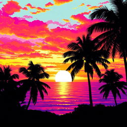 A vibrant and colorful scene featuring a stunning sunset over a beach, with silhouetted palm trees in the foreground