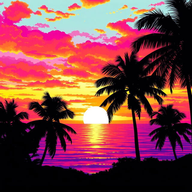 A vibrant and colorful scene featuring a stunning sunset over a beach, with silhouetted palm trees in the foreground