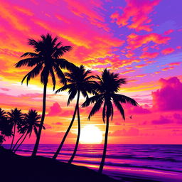 A vibrant and colorful scene featuring a stunning sunset over a beach, with silhouetted palm trees in the foreground