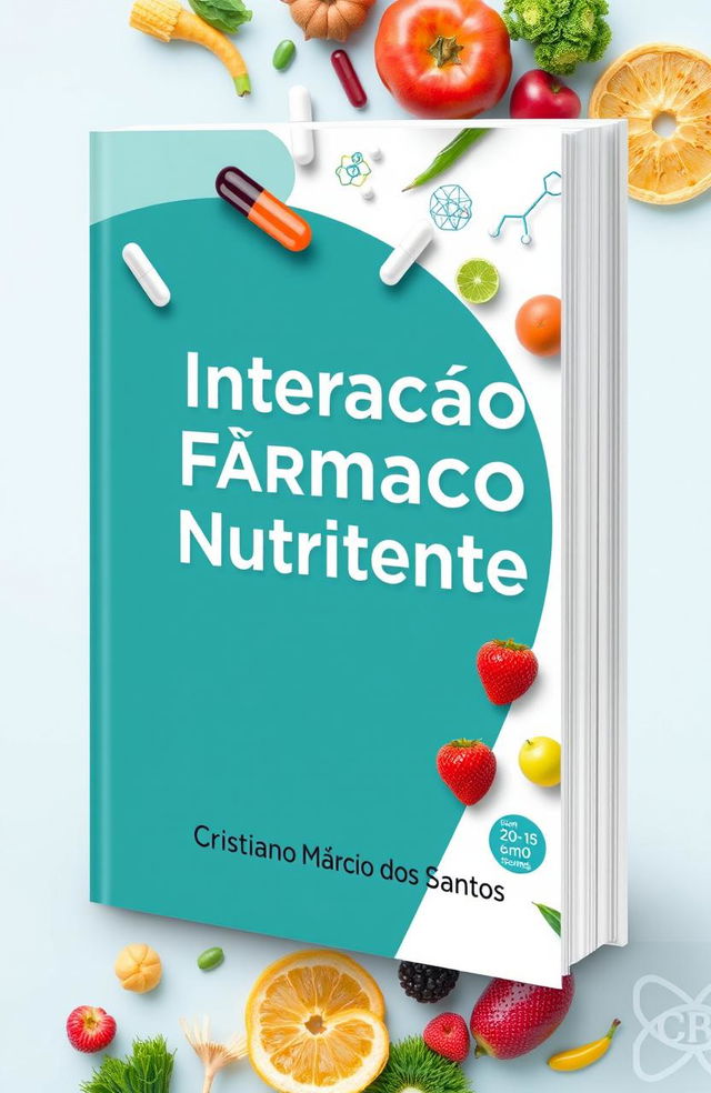 A modern book cover design with the theme 'Interação Fármaco Nutriente'
