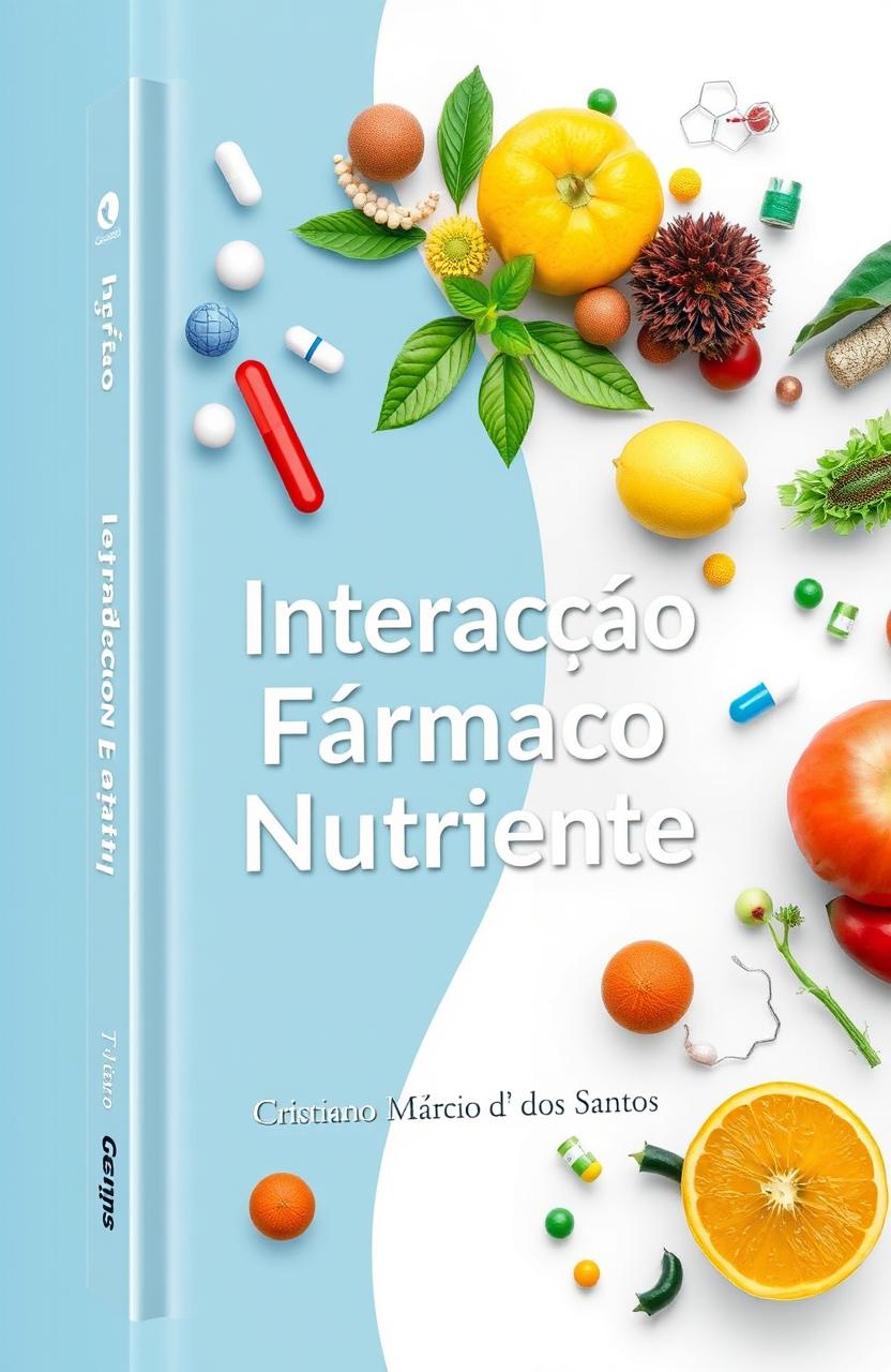 A modern book cover design with the theme 'Interação Fármaco Nutriente'