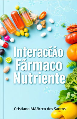A modern book cover design with the theme 'Interação Fármaco Nutriente'