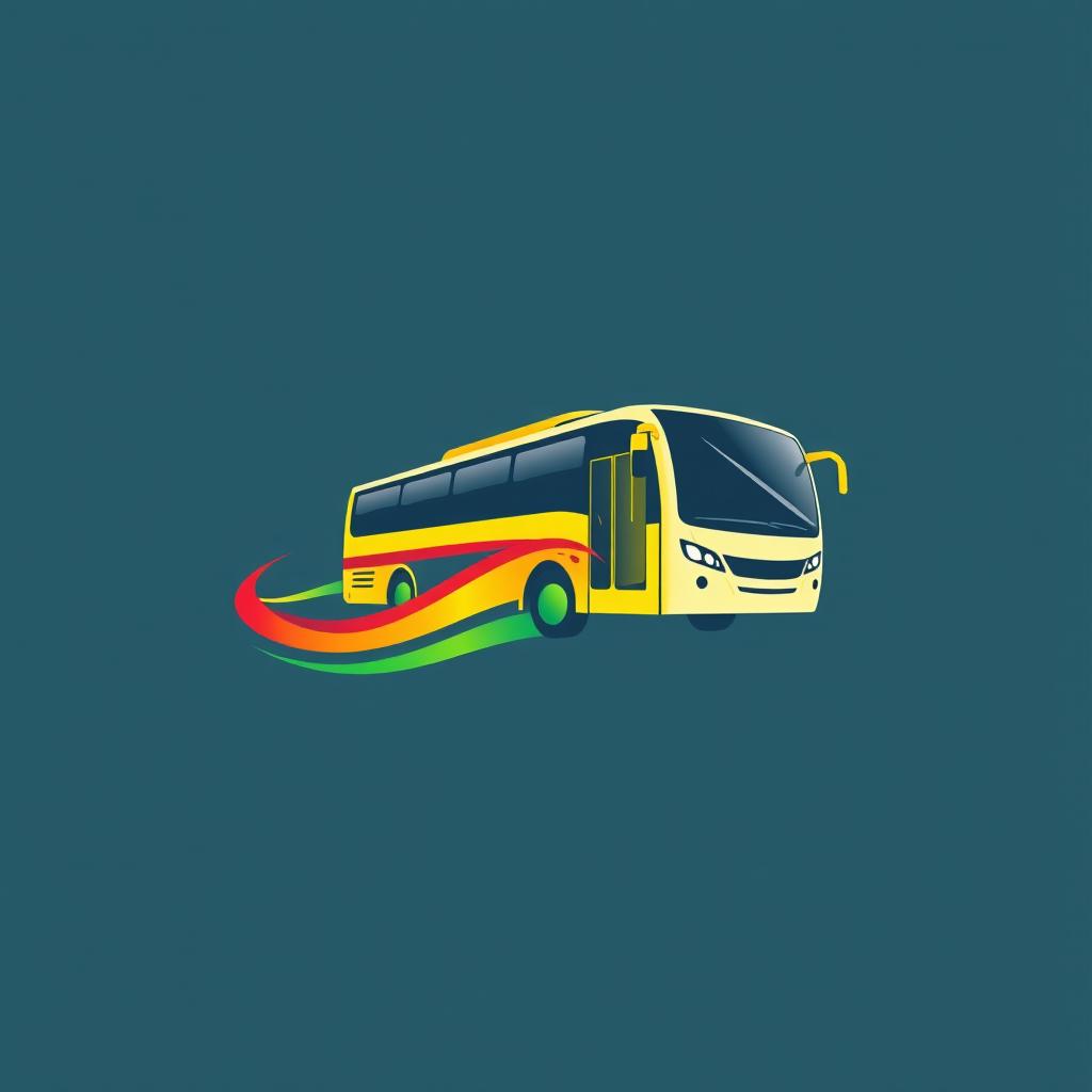 A vibrant logo design featuring a stylized bus in motion, surrounded by a dynamic trail of colors: red, yellow, and green flowing elegantly to represent movement and energy