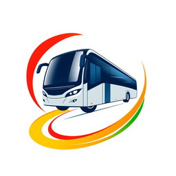 A vibrant logo design featuring a stylized bus in motion, surrounded by a dynamic trail of colors: red, yellow, and green flowing elegantly to represent movement and energy