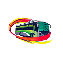 A vibrant logo design featuring a stylized bus in motion, surrounded by a dynamic trail of colors: red, yellow, and green flowing elegantly to represent movement and energy